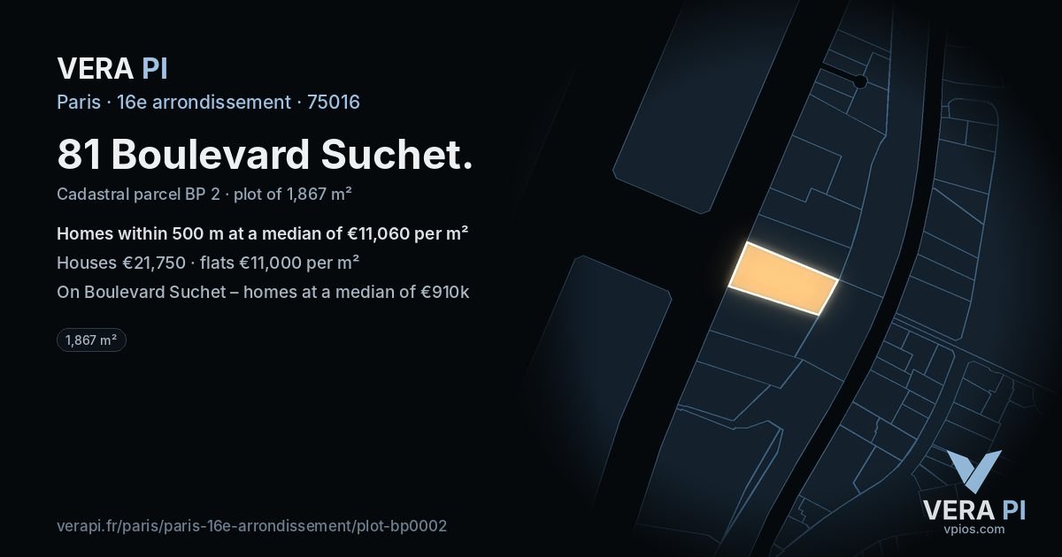 81 Boulevard Suchet, 16e arrondissement at night – the plot lit, the parcels around coloured by the prices near them