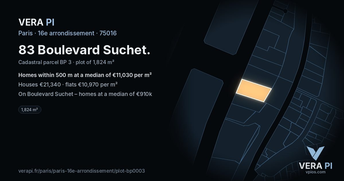 83 Boulevard Suchet, 16e arrondissement at night – the plot lit, the parcels around coloured by the prices near them