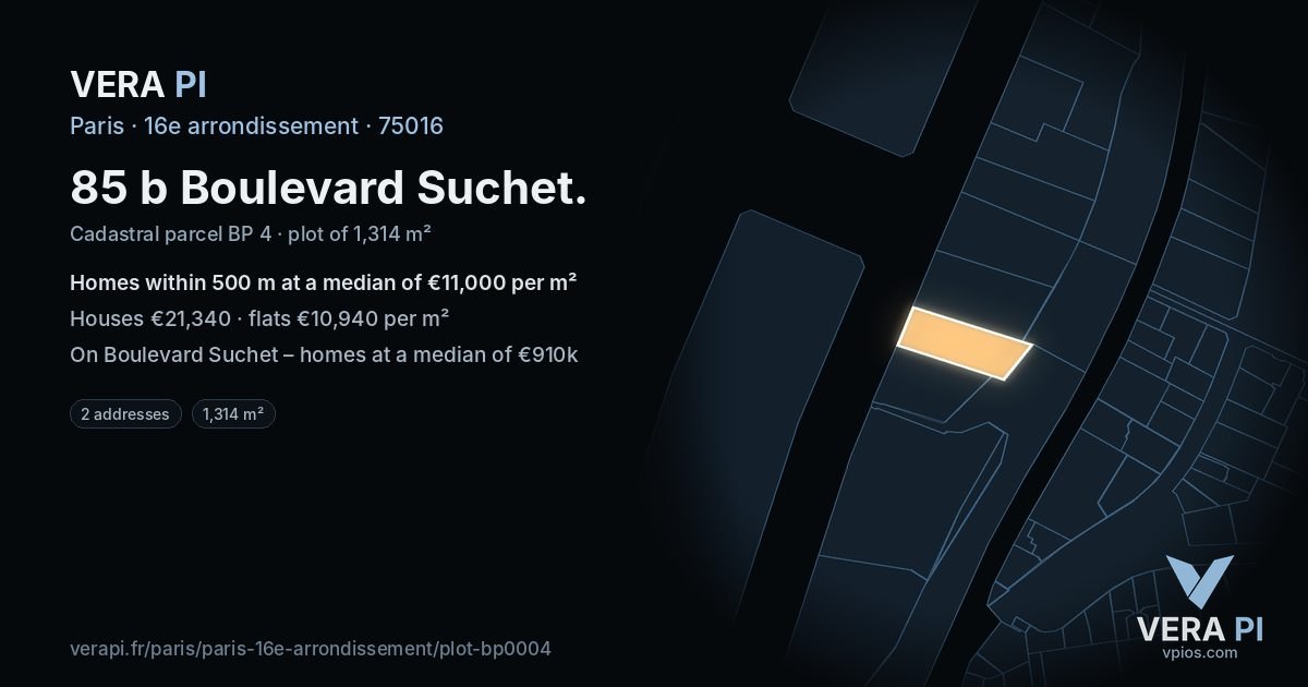85 b Boulevard Suchet, 16e arrondissement at night – the plot lit, the parcels around coloured by the prices near them