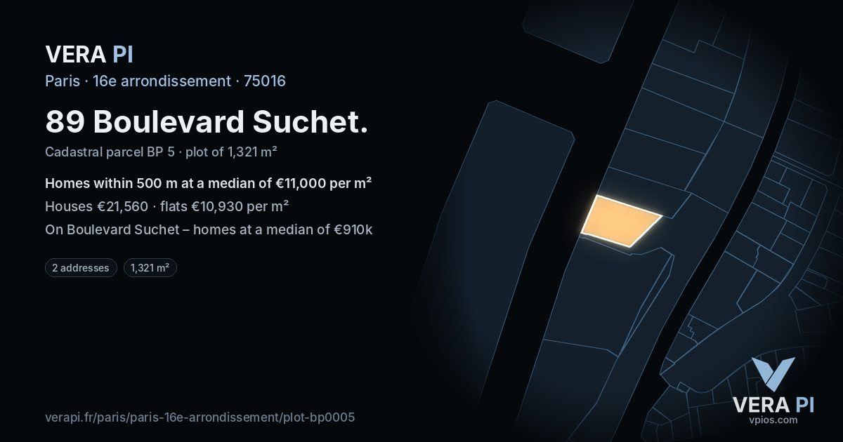 89 Boulevard Suchet, 16e arrondissement at night – the plot lit, the parcels around coloured by the prices near them