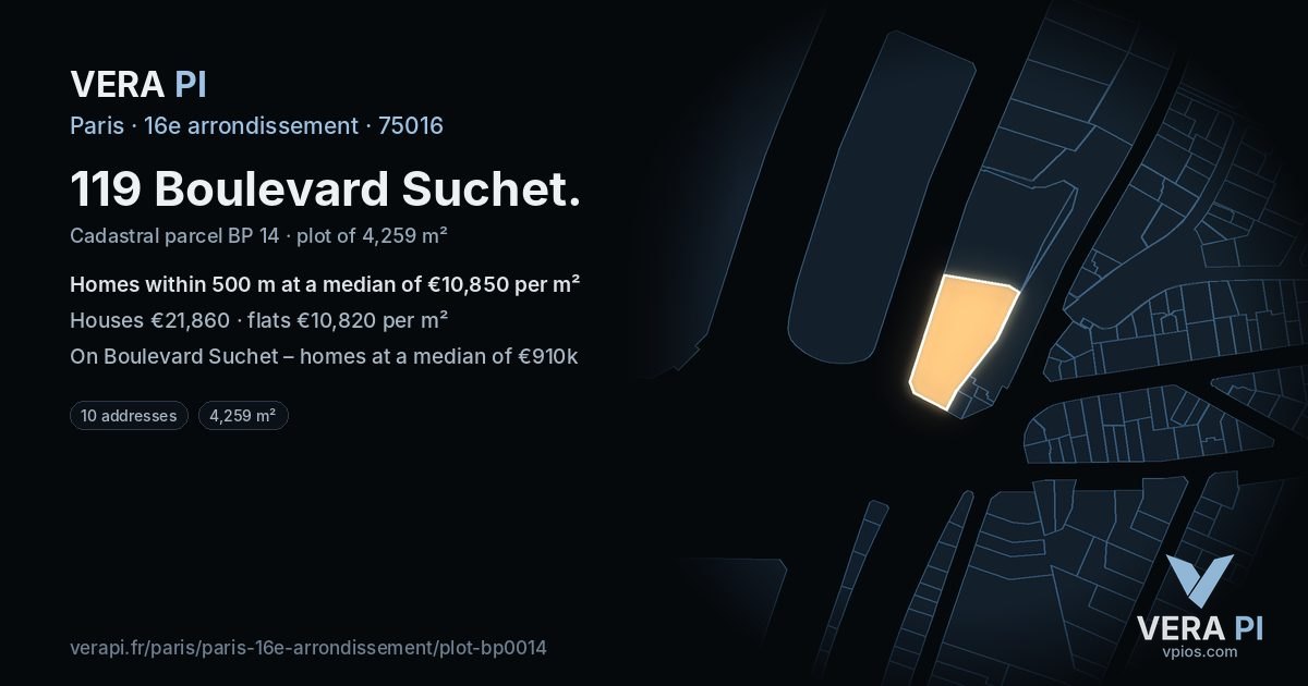 119 Boulevard Suchet, 16e arrondissement at night – the plot lit, the parcels around coloured by the prices near them