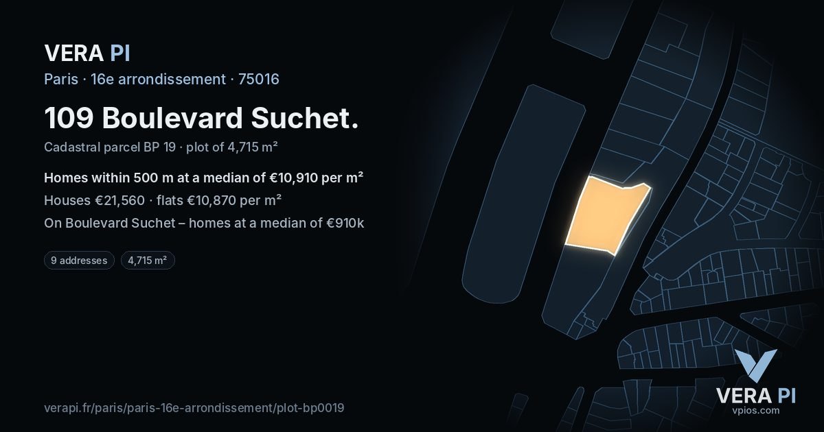 109 Boulevard Suchet, 16e arrondissement at night – the plot lit, the parcels around coloured by the prices near them