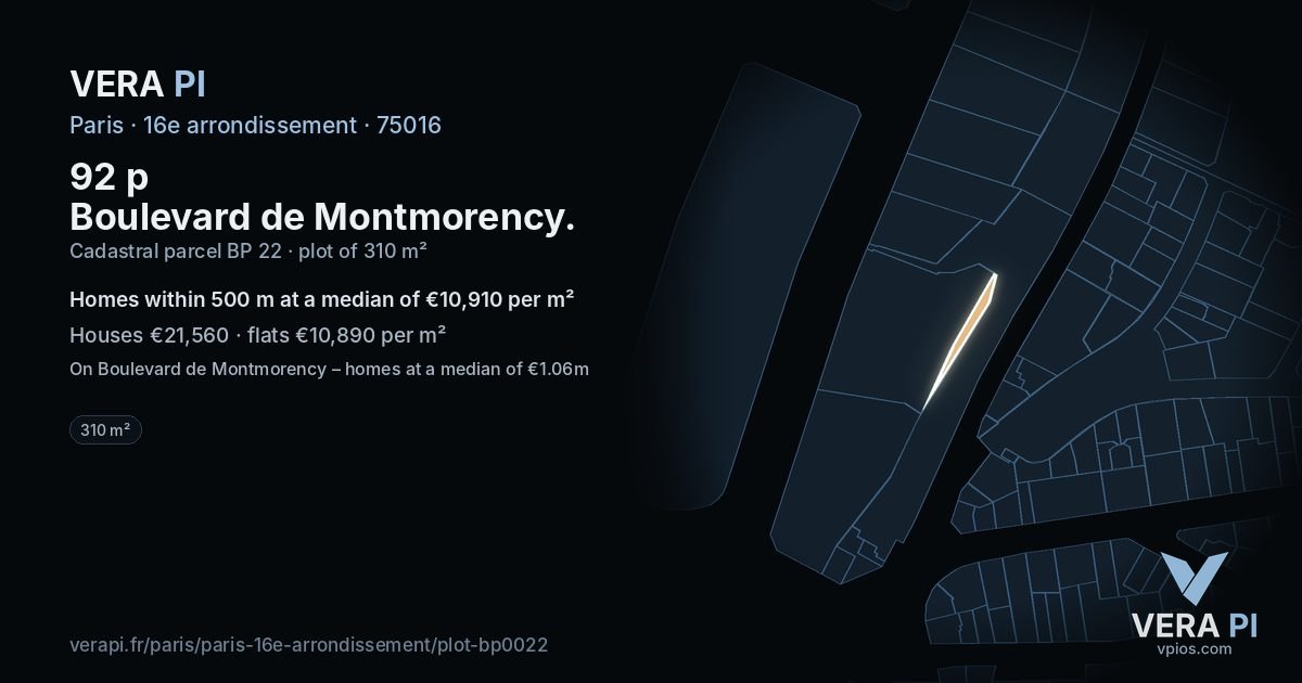92 p Boulevard de Montmorency, 16e arrondissement at night – the plot lit, the parcels around coloured by the prices near them