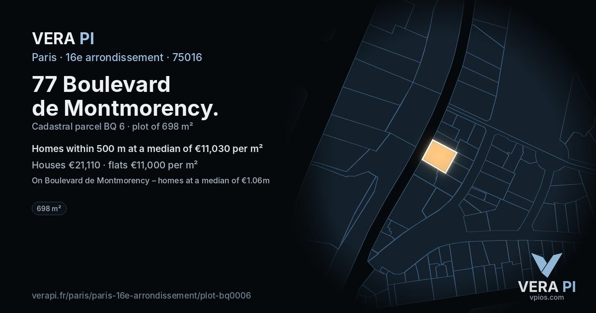 77 Boulevard de Montmorency, 16e arrondissement at night – the plot lit, the parcels around coloured by the prices near them