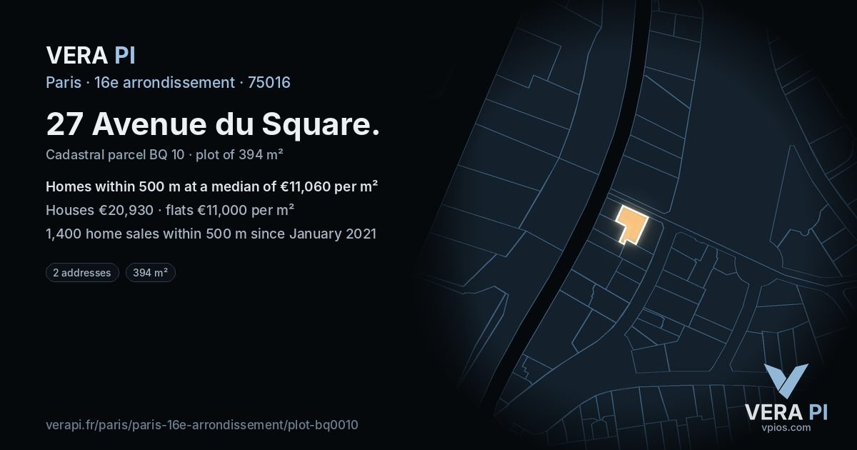 27 Avenue du Square, 16e arrondissement at night – the plot lit, the parcels around coloured by the prices near them
