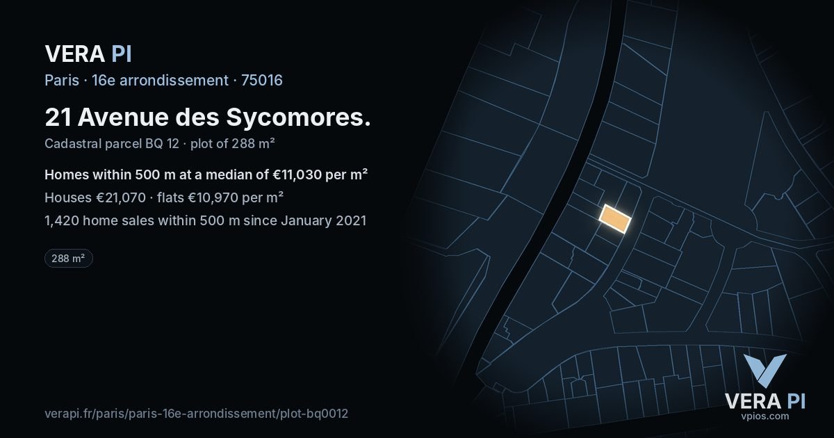 21 Avenue des Sycomores, 16e arrondissement at night – the plot lit, the parcels around coloured by the prices near them