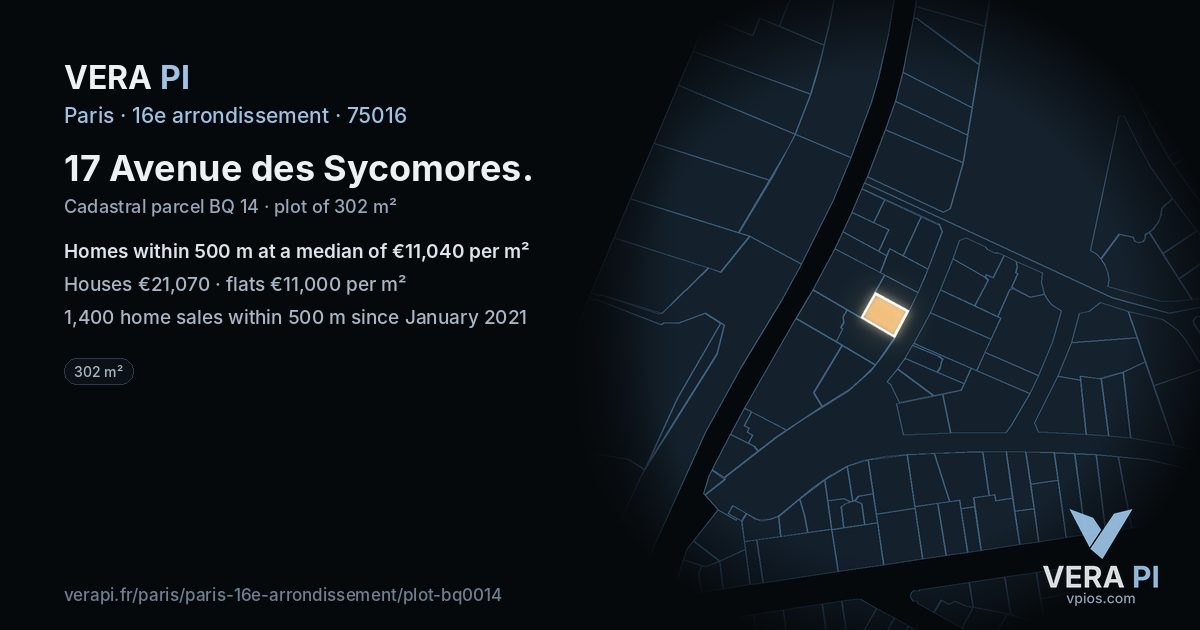 17 Avenue des Sycomores, 16e arrondissement at night – the plot lit, the parcels around coloured by the prices near them