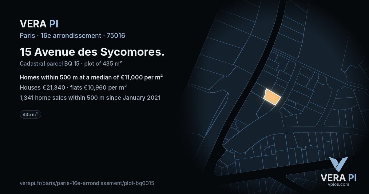 15 Avenue des Sycomores, 16e arrondissement at night – the plot lit, the parcels around coloured by the prices near them