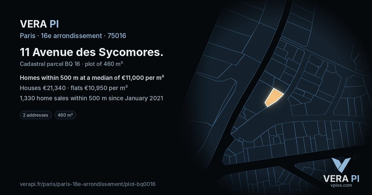 11 Avenue des Sycomores, 16e arrondissement at night – the plot lit, the parcels around coloured by the prices near them