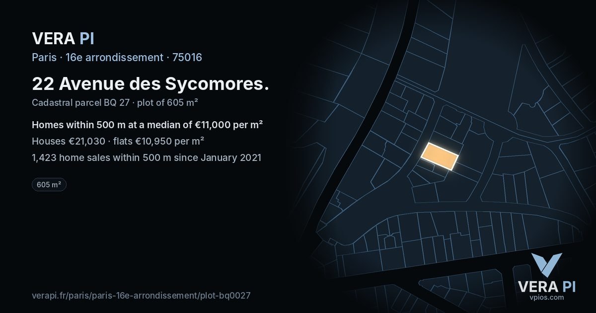 22 Avenue des Sycomores, 16e arrondissement at night – the plot lit, the parcels around coloured by the prices near them