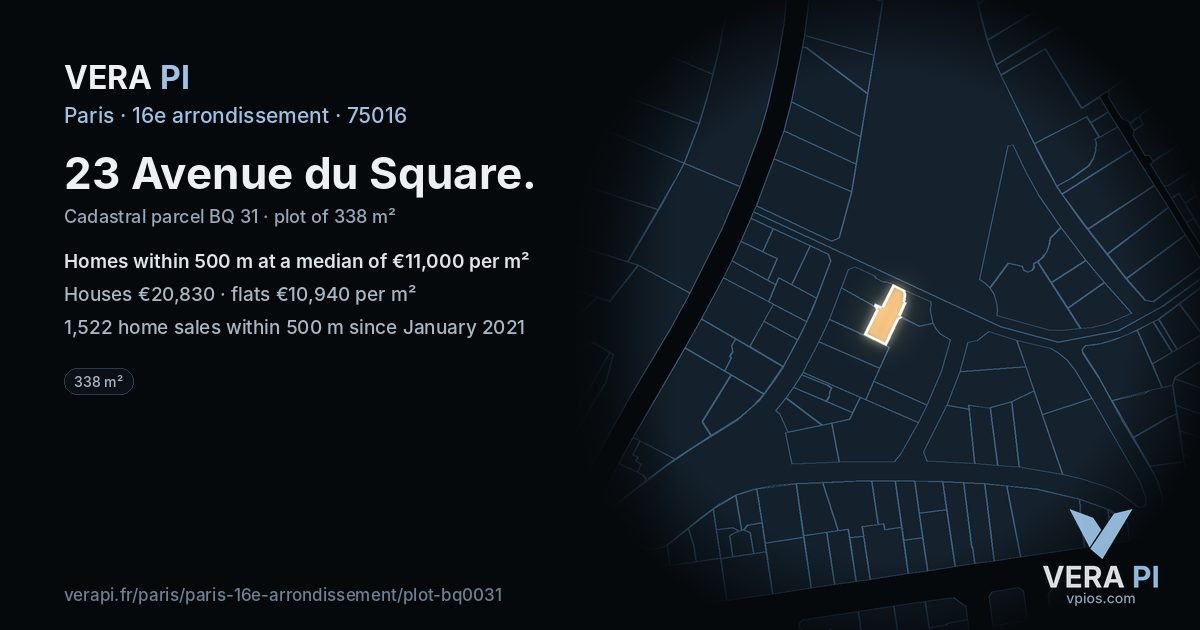 23 Avenue du Square, 16e arrondissement at night – the plot lit, the parcels around coloured by the prices near them