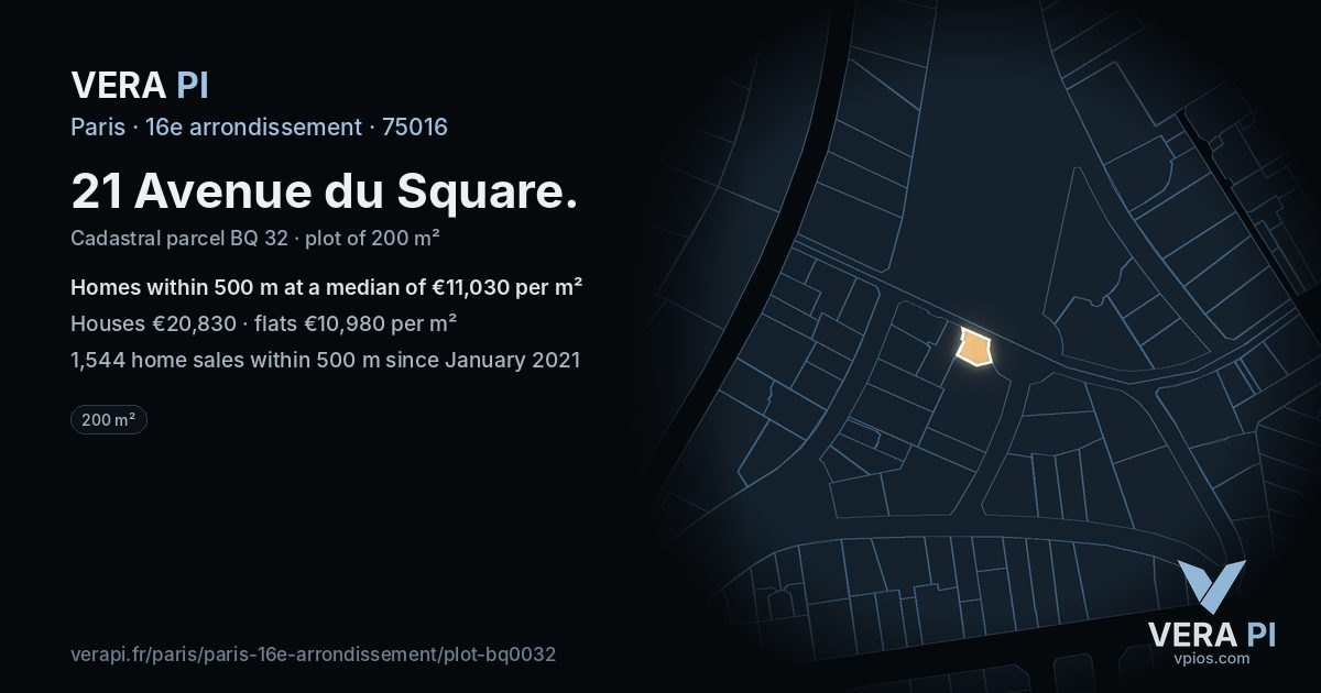 21 Avenue du Square, 16e arrondissement at night – the plot lit, the parcels around coloured by the prices near them
