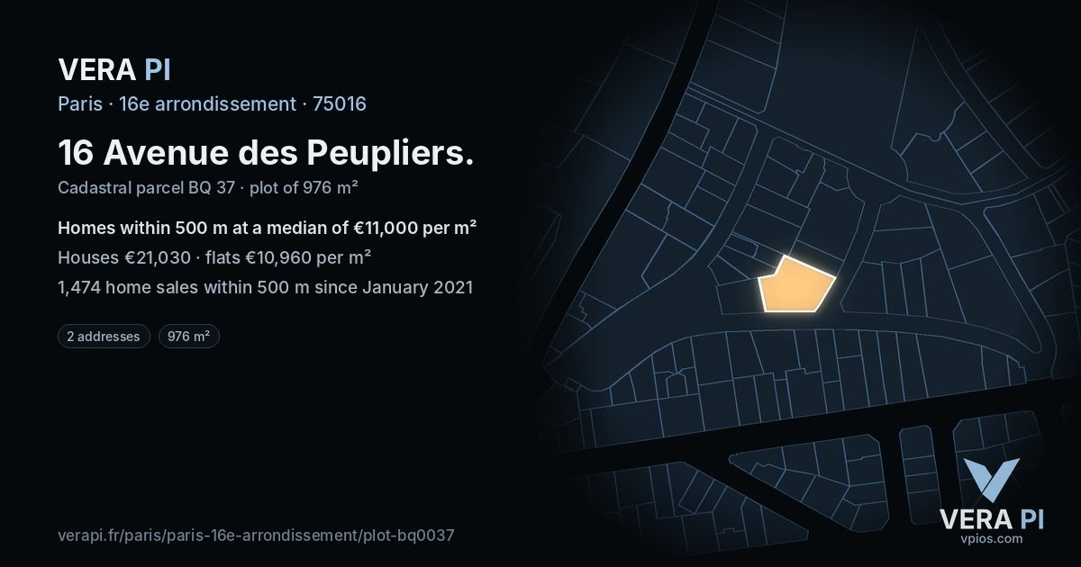16 Avenue des Peupliers, 16e arrondissement at night – the plot lit, the parcels around coloured by the prices near them