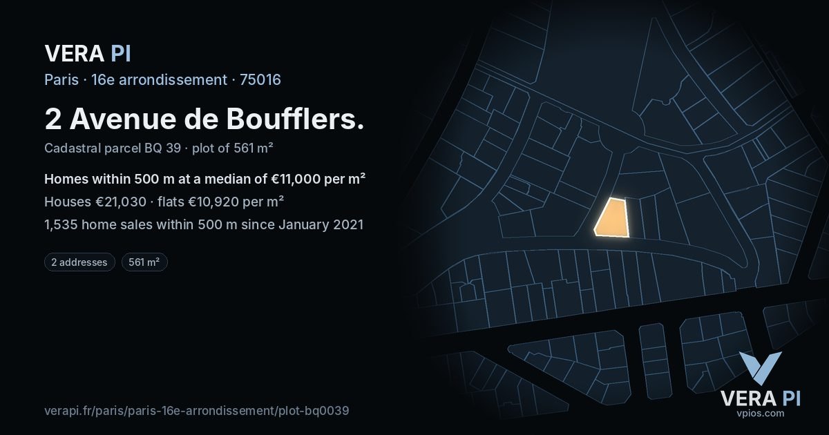 2 Avenue de Boufflers, 16e arrondissement at night – the plot lit, the parcels around coloured by the prices near them