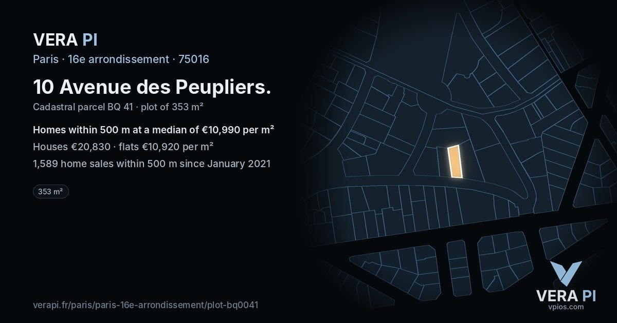 10 Avenue des Peupliers, 16e arrondissement at night – the plot lit, the parcels around coloured by the prices near them