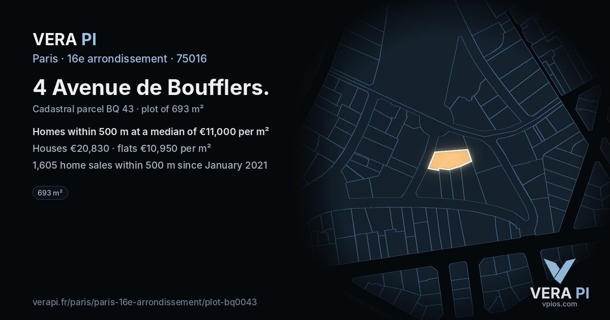 4 Avenue de Boufflers, 16e arrondissement at night – the plot lit, the parcels around coloured by the prices near them