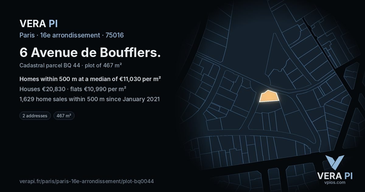 6 Avenue de Boufflers, 16e arrondissement at night – the plot lit, the parcels around coloured by the prices near them