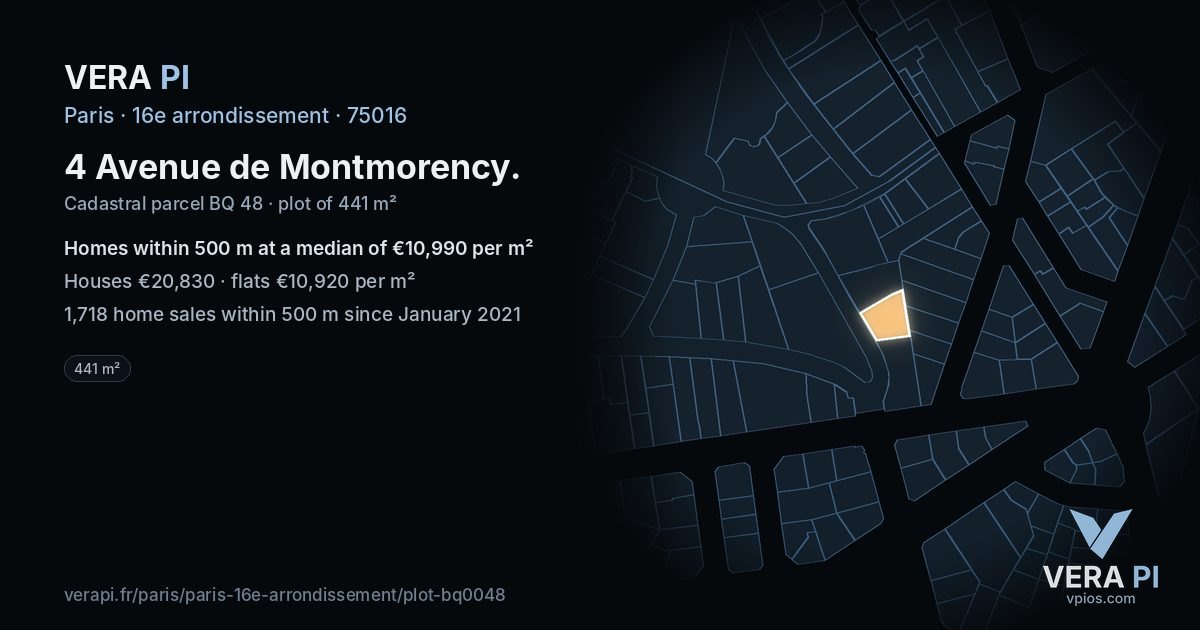 4 Avenue de Montmorency, 16e arrondissement at night – the plot lit, the parcels around coloured by the prices near them