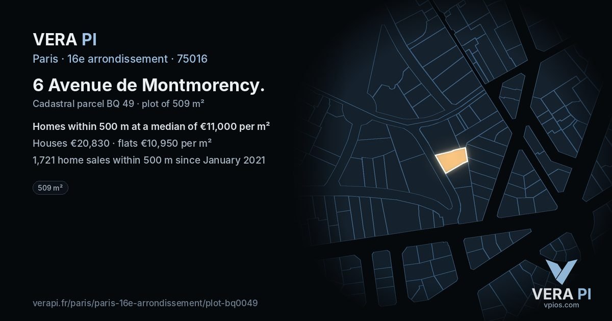 6 Avenue de Montmorency, 16e arrondissement at night – the plot lit, the parcels around coloured by the prices near them
