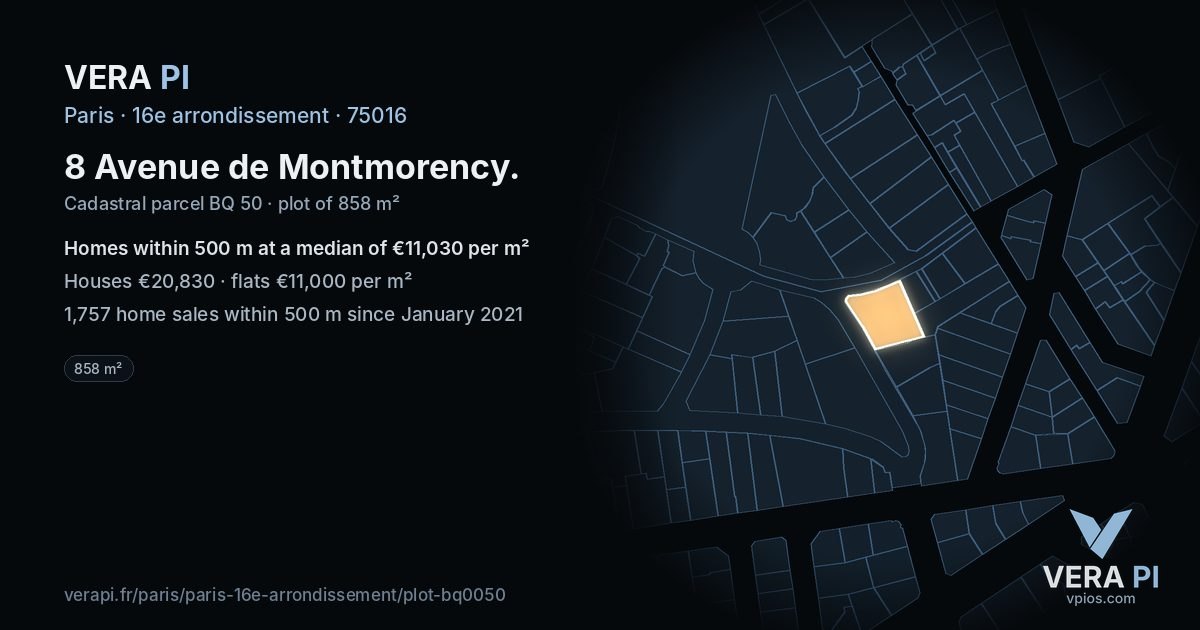8 Avenue de Montmorency, 16e arrondissement at night – the plot lit, the parcels around coloured by the prices near them