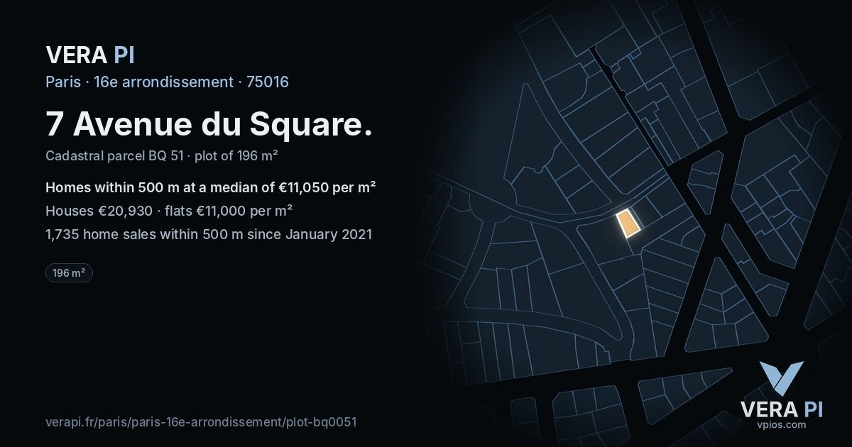 7 Avenue du Square, 16e arrondissement at night – the plot lit, the parcels around coloured by the prices near them