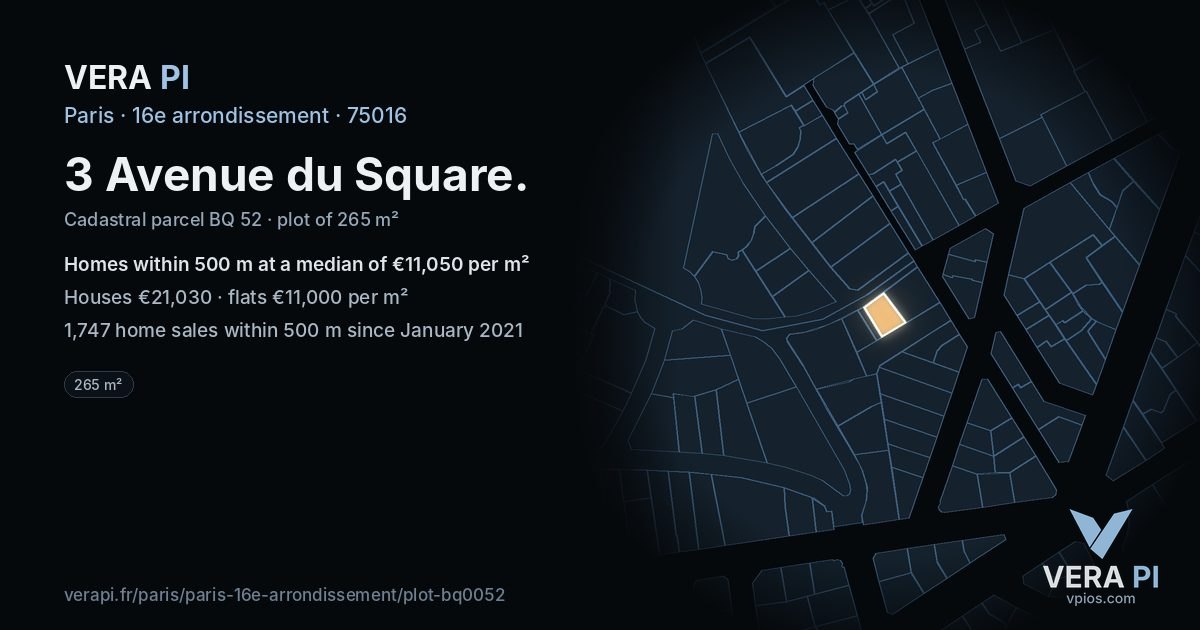 3 Avenue du Square, 16e arrondissement at night – the plot lit, the parcels around coloured by the prices near them