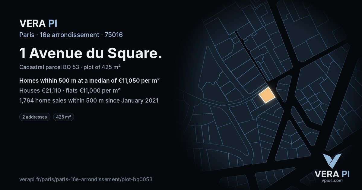 1 Avenue du Square, 16e arrondissement at night – the plot lit, the parcels around coloured by the prices near them