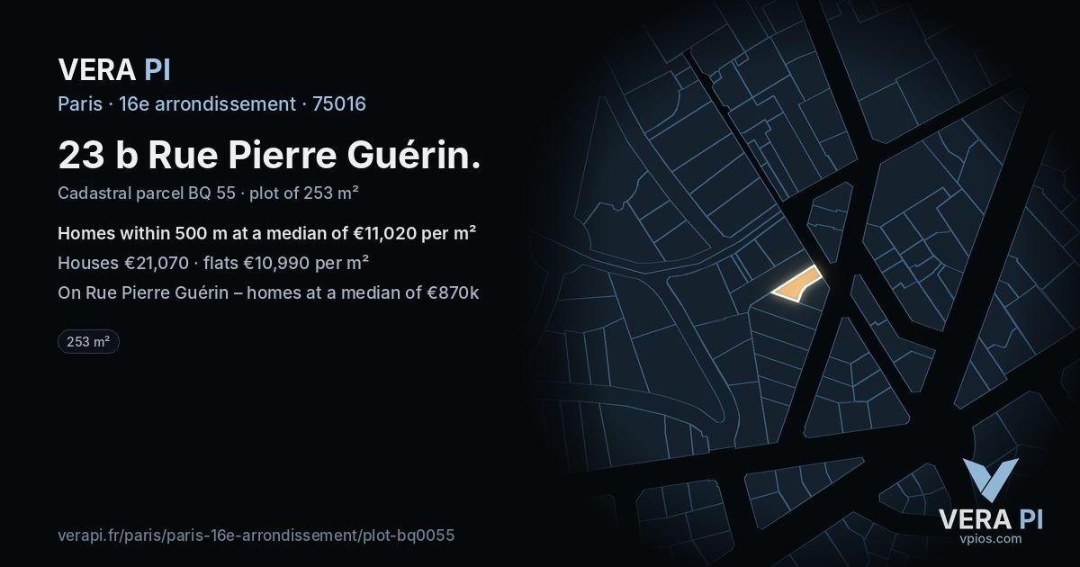 23 b Rue Pierre Guérin, 16e arrondissement at night – the plot lit, the parcels around coloured by the prices near them