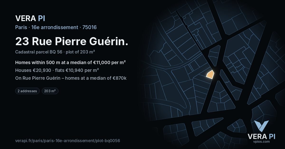 23 Rue Pierre Guérin, 16e arrondissement at night – the plot lit, the parcels around coloured by the prices near them