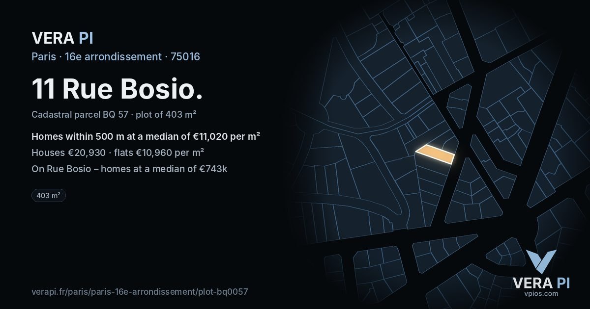 11 Rue Bosio, 16e arrondissement at night – the plot lit, the parcels around coloured by the prices near them
