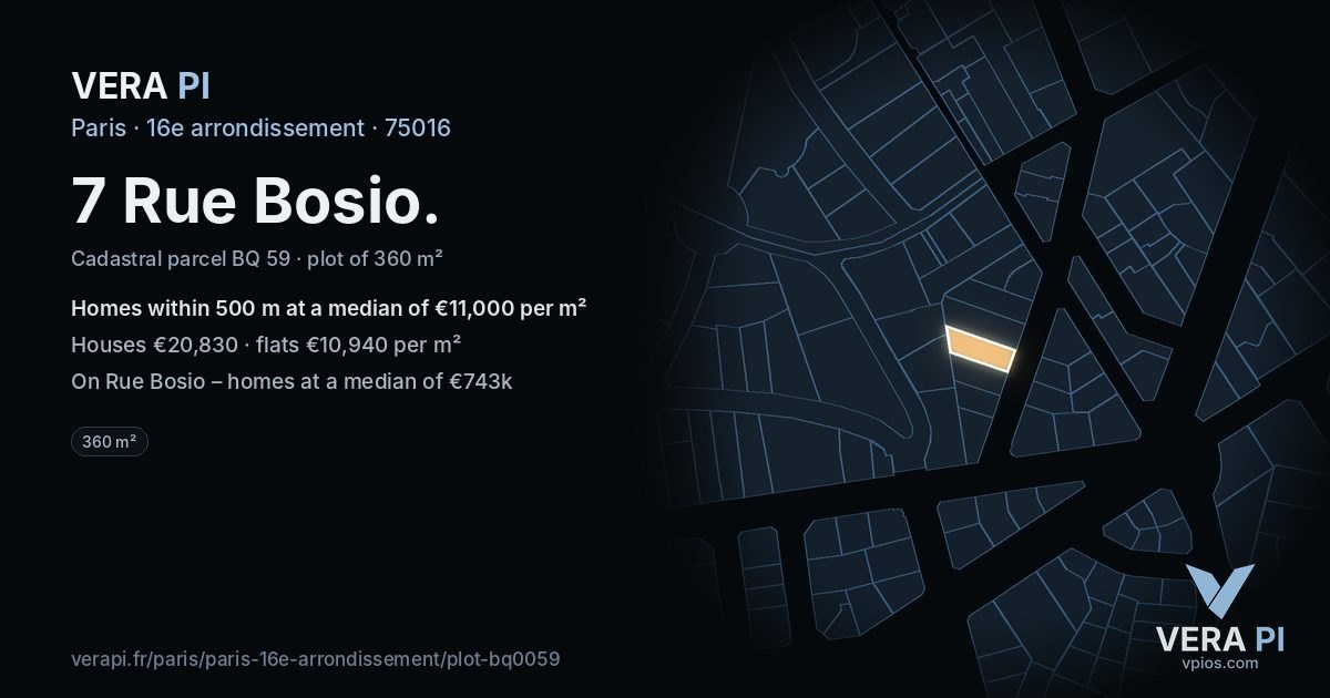 7 Rue Bosio, 16e arrondissement at night – the plot lit, the parcels around coloured by the prices near them