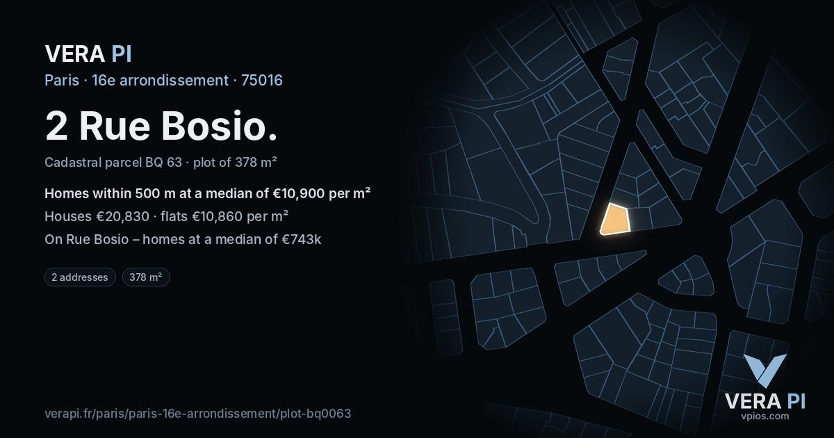 2 Rue Bosio, 16e arrondissement at night – the plot lit, the parcels around coloured by the prices near them