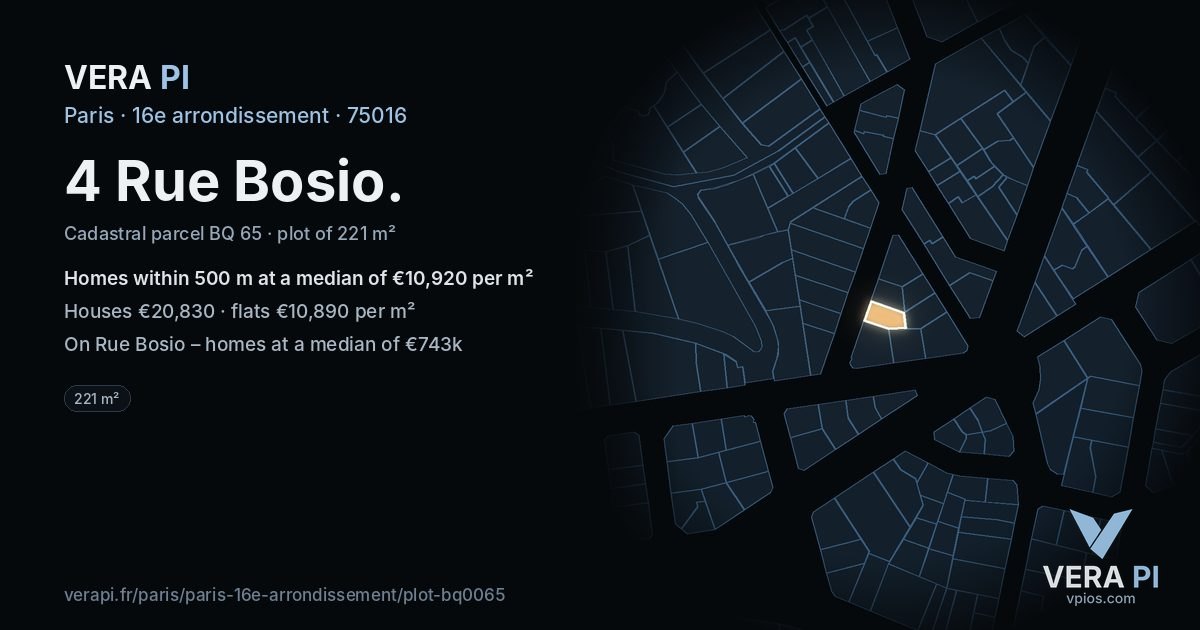 4 Rue Bosio, 16e arrondissement at night – the plot lit, the parcels around coloured by the prices near them