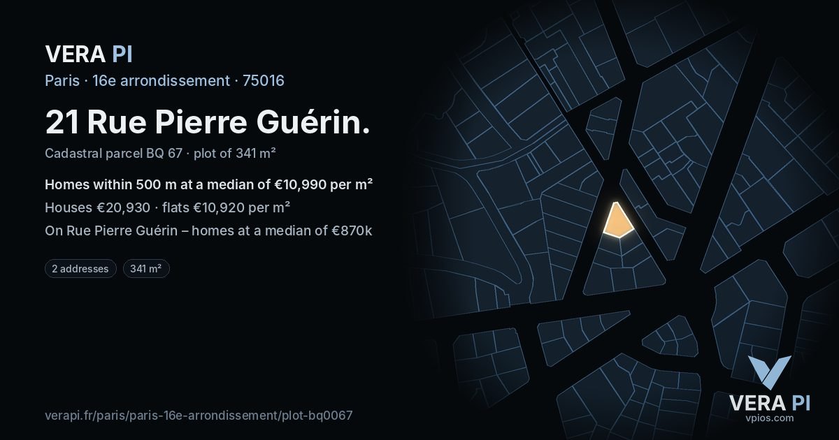 21 Rue Pierre Guérin, 16e arrondissement at night – the plot lit, the parcels around coloured by the prices near them