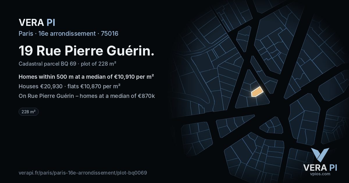 19 Rue Pierre Guérin, 16e arrondissement at night – the plot lit, the parcels around coloured by the prices near them