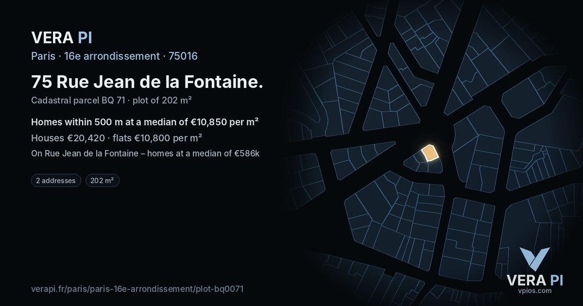 75 Rue Jean de la Fontaine, 16e arrondissement at night – the plot lit, the parcels around coloured by the prices near them