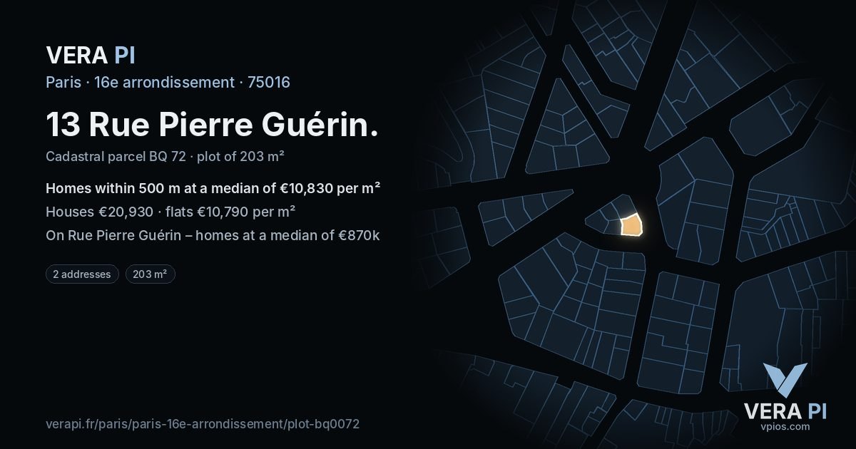 13 Rue Pierre Guérin, 16e arrondissement at night – the plot lit, the parcels around coloured by the prices near them