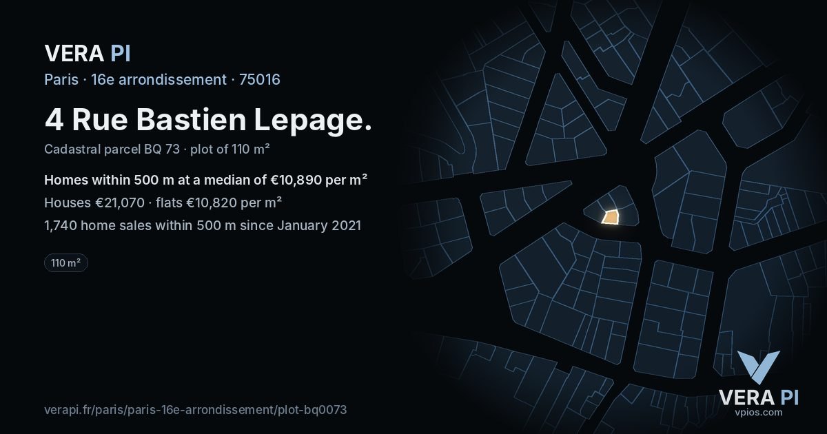 4 Rue Bastien Lepage, 16e arrondissement at night – the plot lit, the parcels around coloured by the prices near them