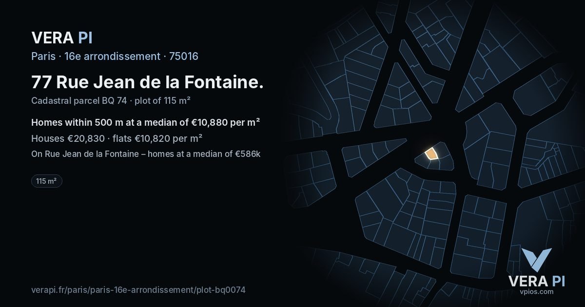 77 Rue Jean de la Fontaine, 16e arrondissement at night – the plot lit, the parcels around coloured by the prices near them