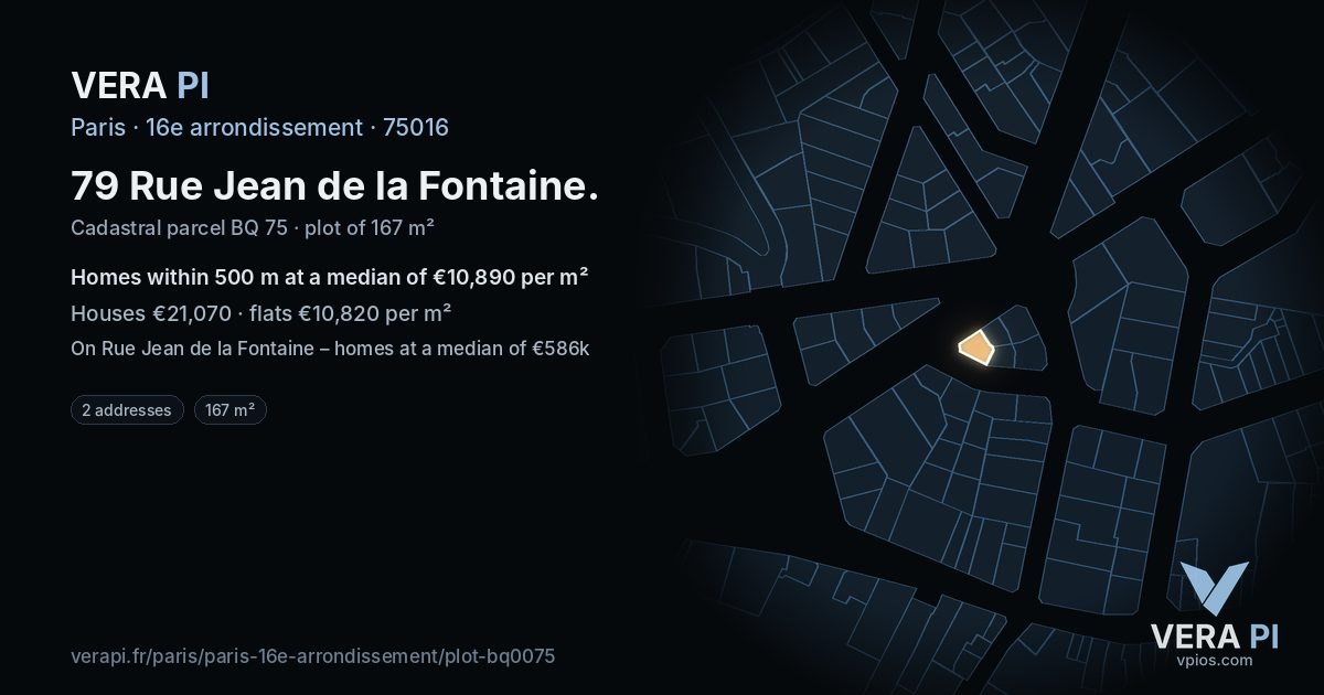 79 Rue Jean de la Fontaine, 16e arrondissement at night – the plot lit, the parcels around coloured by the prices near them
