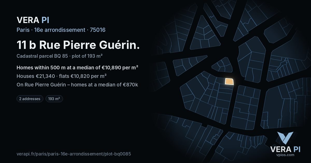 11 b Rue Pierre Guérin, 16e arrondissement at night – the plot lit, the parcels around coloured by the prices near them