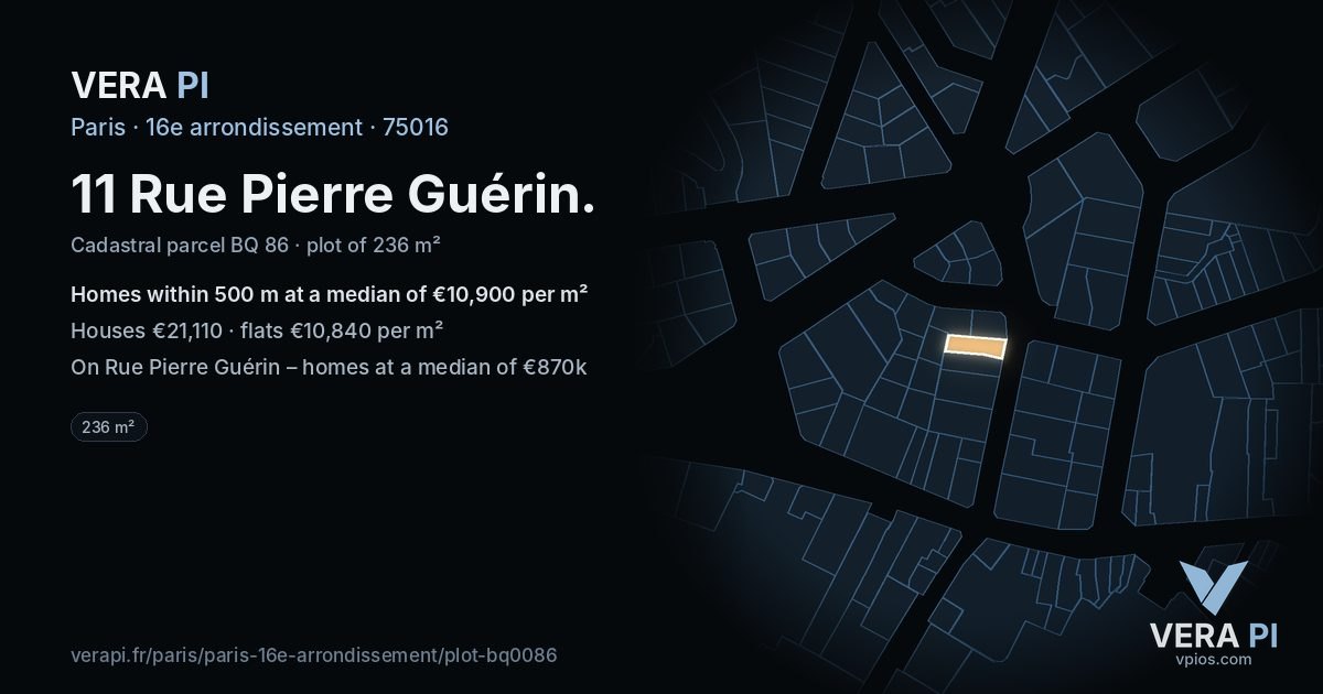 11 Rue Pierre Guérin, 16e arrondissement at night – the plot lit, the parcels around coloured by the prices near them