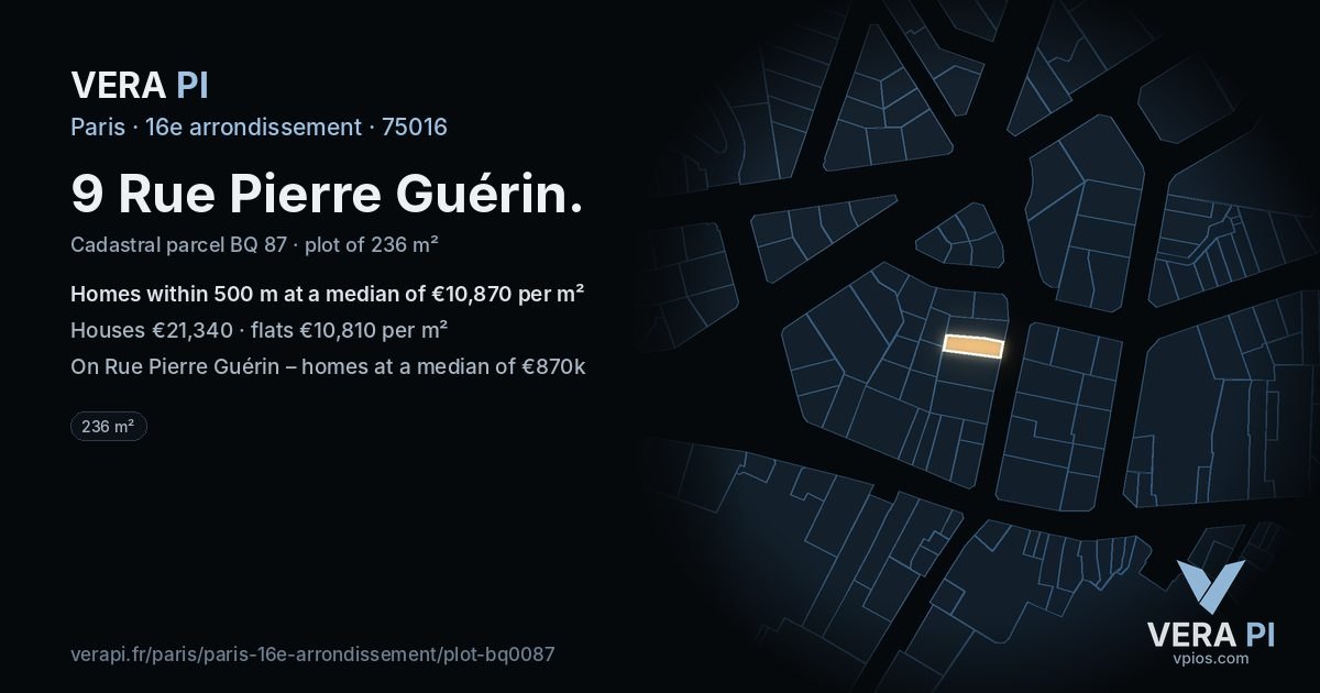 9 Rue Pierre Guérin, 16e arrondissement at night – the plot lit, the parcels around coloured by the prices near them