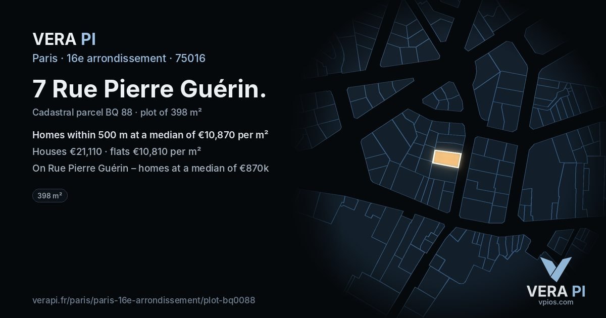 7 Rue Pierre Guérin, 16e arrondissement at night – the plot lit, the parcels around coloured by the prices near them