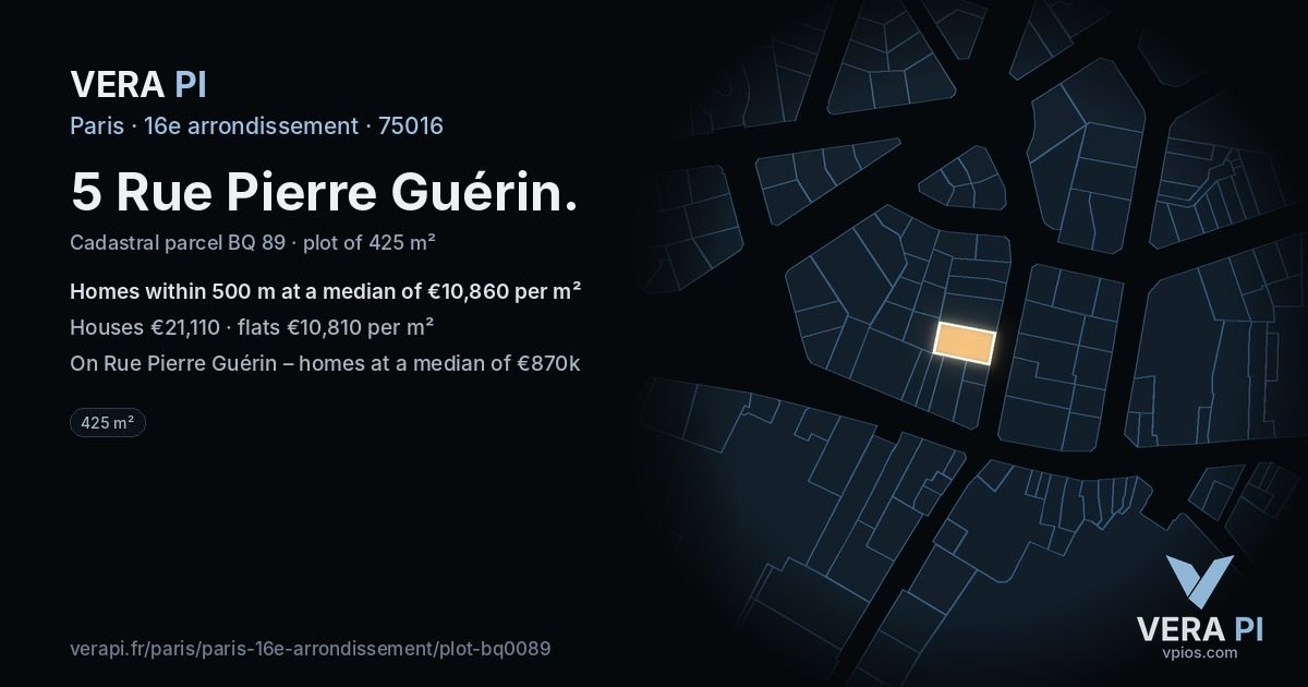 5 Rue Pierre Guérin, 16e arrondissement at night – the plot lit, the parcels around coloured by the prices near them