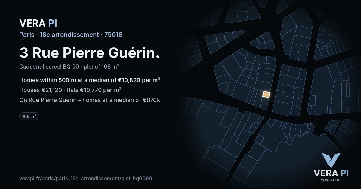 3 Rue Pierre Guérin, 16e arrondissement at night – the plot lit, the parcels around coloured by the prices near them