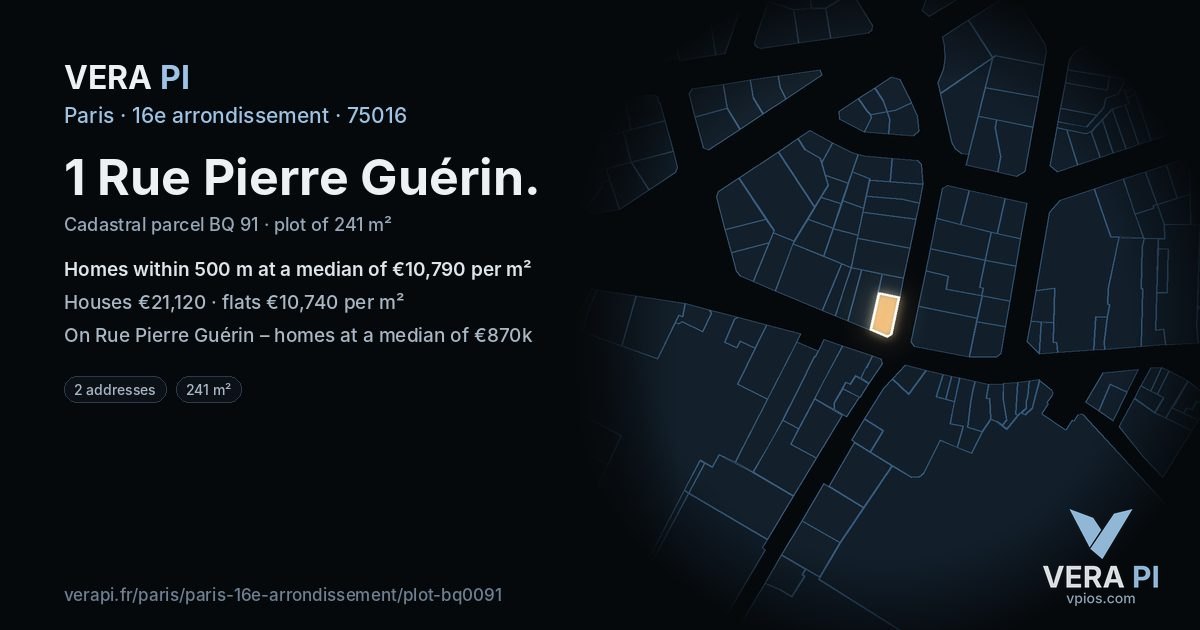 1 Rue Pierre Guérin, 16e arrondissement at night – the plot lit, the parcels around coloured by the prices near them