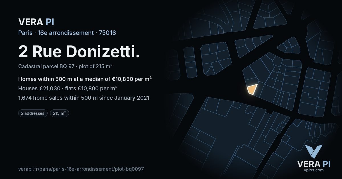2 Rue Donizetti, 16e arrondissement at night – the plot lit, the parcels around coloured by the prices near them