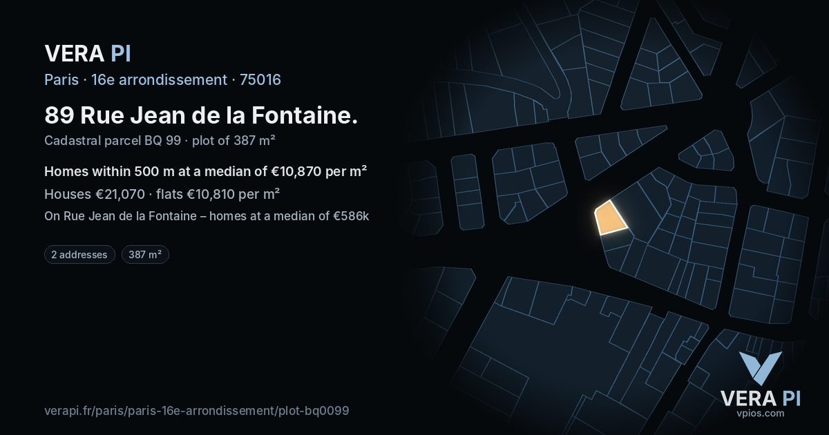 89 Rue Jean de la Fontaine, 16e arrondissement at night – the plot lit, the parcels around coloured by the prices near them