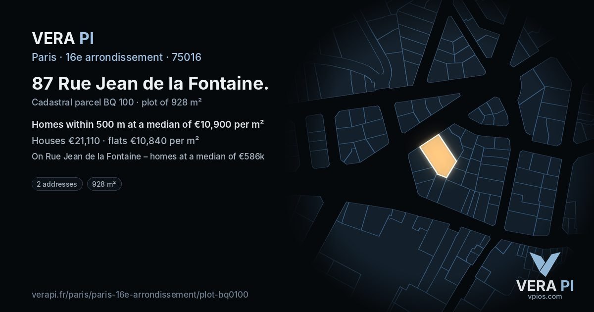 87 Rue Jean de la Fontaine, 16e arrondissement at night – the plot lit, the parcels around coloured by the prices near them